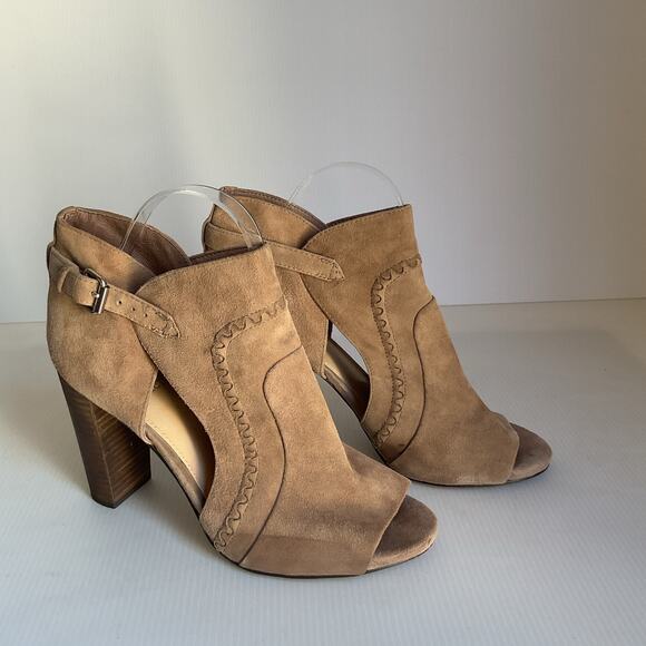 Vince Camuto Peep Toe Booties Western Heels Cutout 8.5M  Buckle Sandals - Picture 1 of 10